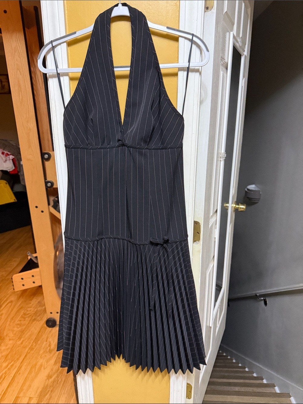 Vintage Necessary Objects Ady Gluck-Frankel L Black Pinstripe Halter Pleated